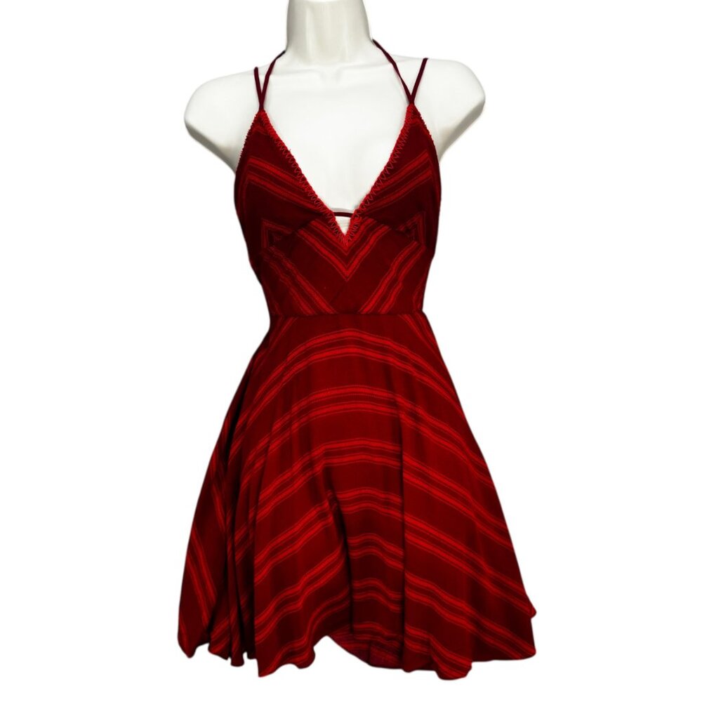 Ecote Clementine Plunging Mini Dress Red Stripe V Neck Spaghetti Strap Size 8